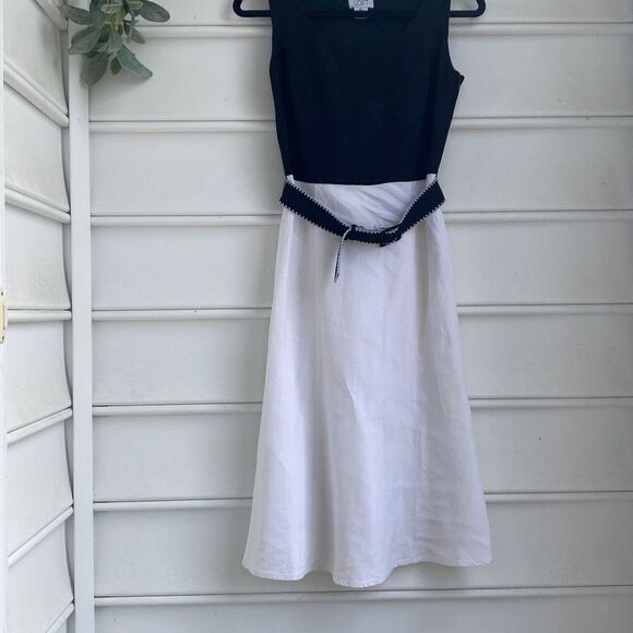 Ann Taylor Loft Linen Blend Belted Sleeveless MIDI‎ Dress Black Cream Size 0 - Picture 12 of 12